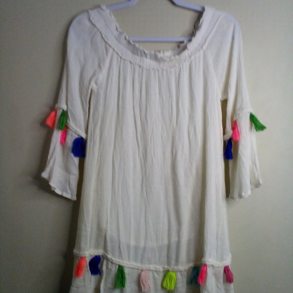 True Destiny Dress Women M Short Boho Feminine Colorful Tassels Cream - Picture 2 of 16